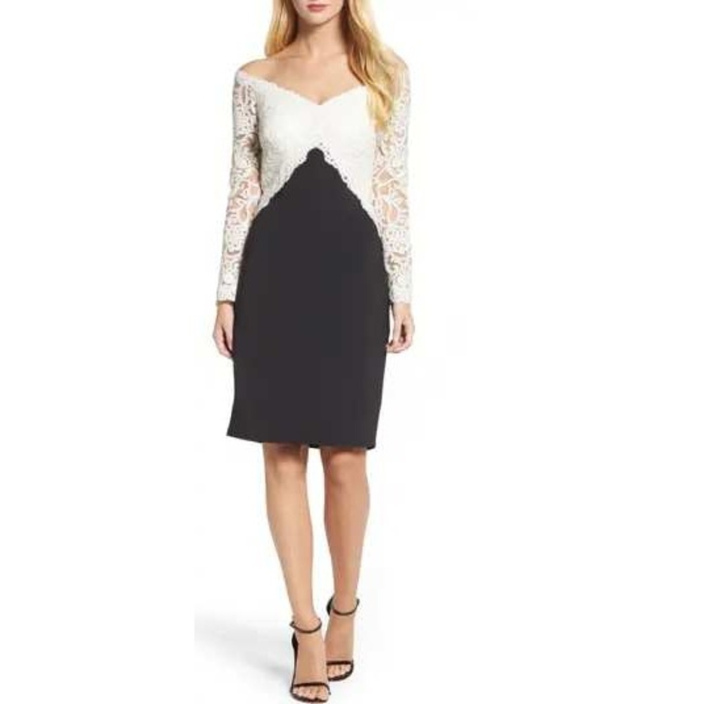 Tadashi Shoji SZ 16 Black Ivory Soutache Off the Shoulder Sheath Dress Wedding
